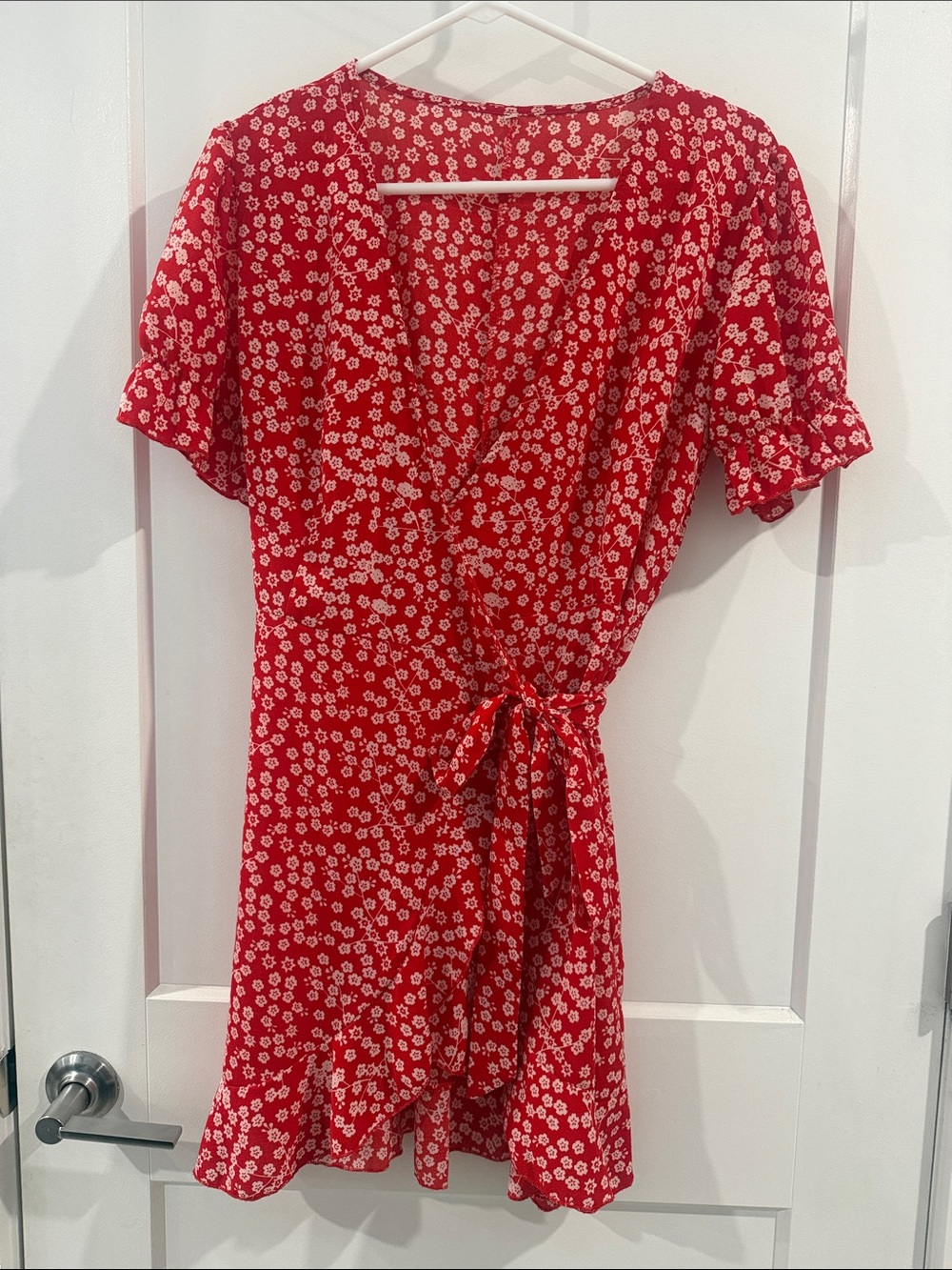 Red Floral Wrap Dress with Tie Waist